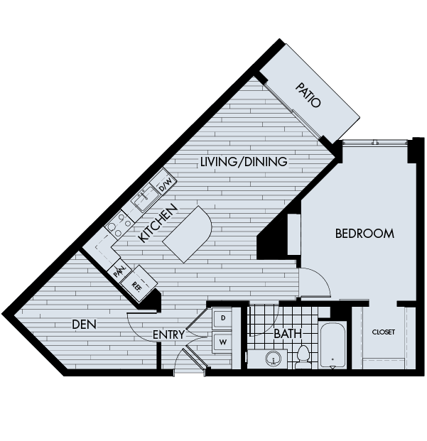 Floor plan 1E. A one bedroom, one bath floor plan at The York on City Park Apartments in City Park West.